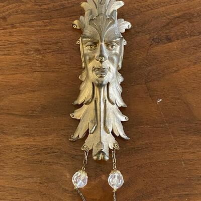 Vintage Brass Figural Wall Hanging Sconce Door Scroll Jester Elf Face