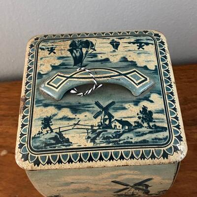Vintage Royal Verkade Dutch Zaandam Holland Delft Style Blue & White Square Canister Biscuit Tin Western Germany