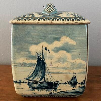 Vintage Royal Verkade Dutch Zaandam Holland Delft Style Blue & White Square Canister Biscuit Tin Western Germany