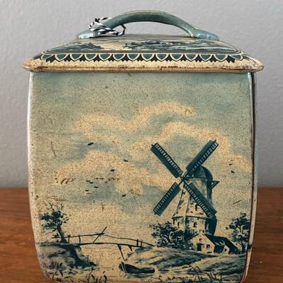 Vintage Royal Verkade Dutch Zaandam Holland Delft Style Blue & White Square Canister Biscuit Tin Western Germany