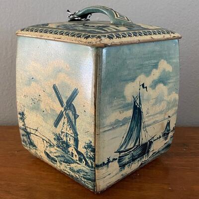 Vintage Royal Verkade Dutch Zaandam Holland Delft Style Blue & White Square Canister Biscuit Tin Western Germany