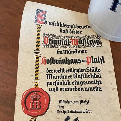 Vintage Crown HB Hofbrauhaus German Stoneware Pottery Beer Stein Mug with COA style Paper