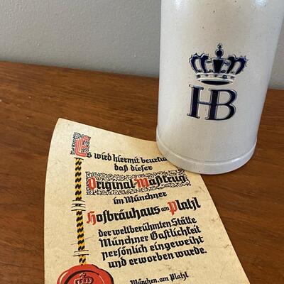 Vintage Crown HB Hofbrauhaus German Stoneware Pottery Beer Stein Mug with COA style Paper