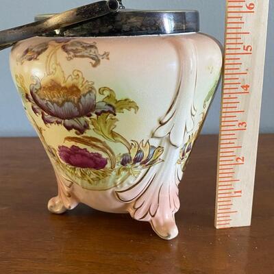 Antique S.F. & Co Crown Porcelain Floral Cookie Biscuit Barrel Jar Canister with Handle