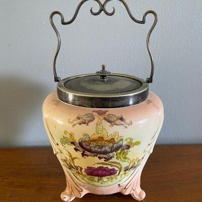 Antique S.F. & Co Crown Porcelain Floral Cookie Biscuit Barrel Jar Canister with Handle