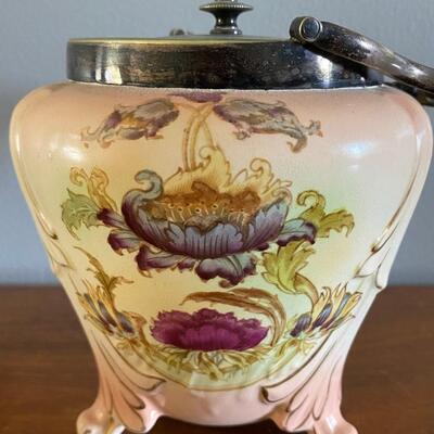 Antique S.F. & Co Crown Porcelain Floral Cookie Biscuit Barrel Jar Canister with Handle