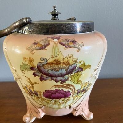 Antique S.F. & Co Crown Porcelain Floral Cookie Biscuit Barrel Jar Canister with Handle