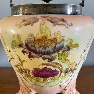 Antique S.F. & Co Crown Porcelain Floral Cookie Biscuit Barrel Jar Canister with Handle