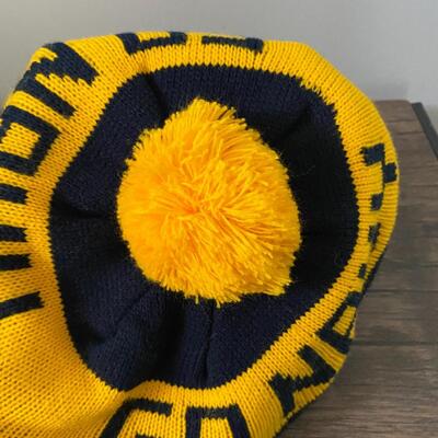 Vintage Blue & Gold GO NAVY Knit Winter Cap Hat Beanie with Visor Pom Pom