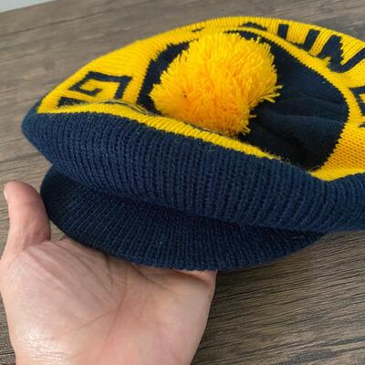 Vintage Blue & Gold GO NAVY Knit Winter Cap Hat Beanie with Visor Pom Pom