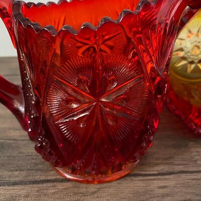 Vintage Amberina Red Orange Yellow Flame Depression Glass Cream and Sugar Set 