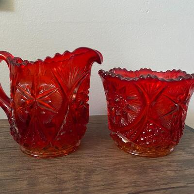 Vintage Amberina Red Orange Yellow Flame Depression Glass Cream and Sugar Set 