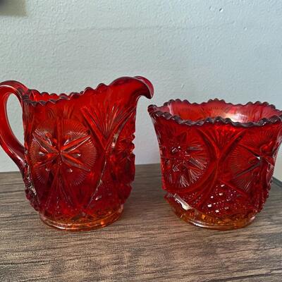 Vintage Amberina Red Orange Yellow Flame Depression Glass Cream and Sugar Set 