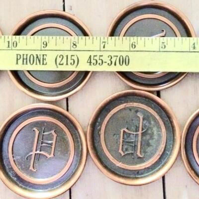 Mid Century Crumb Catcher and 8 matching Coasters metal with initial P design made by L.E. Mason Co. Boston