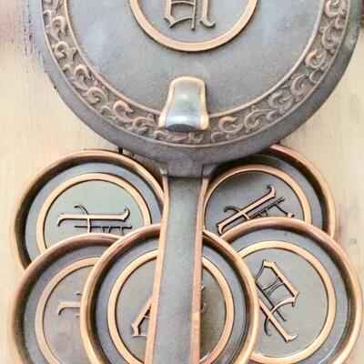 Mid Century Crumb Catcher and 8 matching Coasters metal with initial P design made by L.E. Mason Co. Boston