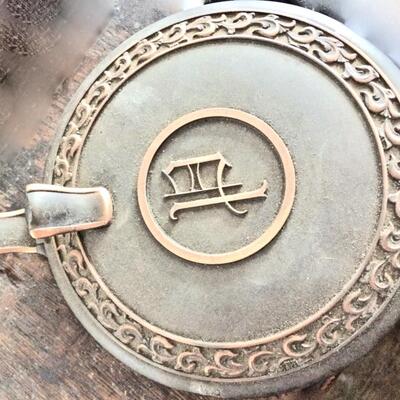 Mid Century Crumb Catcher and 8 matching Coasters metal with initial P design made by L.E. Mason Co. Boston
