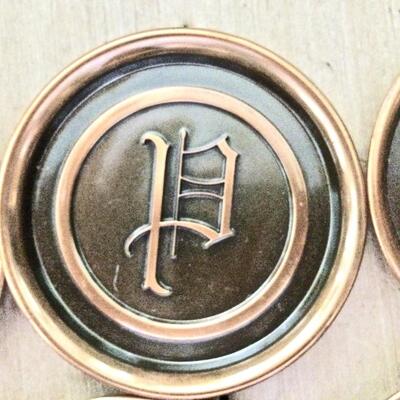 Mid Century Crumb Catcher and 8 matching Coasters metal with initial P design made by L.E. Mason Co. Boston