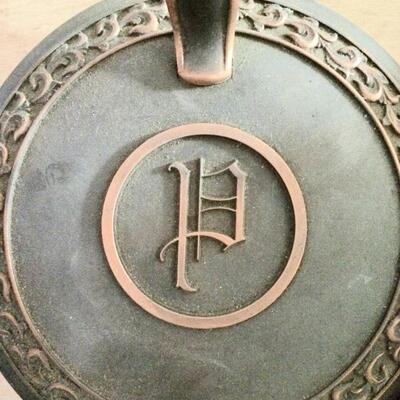 Mid Century Crumb Catcher and 8 matching Coasters metal with initial P design made by L.E. Mason Co. Boston