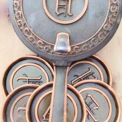 Mid Century Crumb Catcher and 8 matching Coasters metal with initial P design made by L.E. Mason Co. Boston