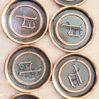 Mid Century Crumb Catcher and 8 matching Coasters metal with initial P design made by L.E. Mason Co. Boston