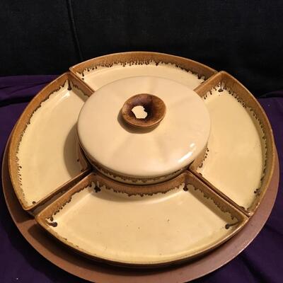 Mid Century Wood and Ceramic Lazy Susan Chip and Dip with 5 Container Sections