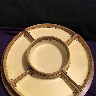 Mid Century Wood and Ceramic Lazy Susan Chip and Dip with 5 Container Sections