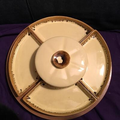 Mid Century Wood and Ceramic Lazy Susan Chip and Dip with 5 Container Sections