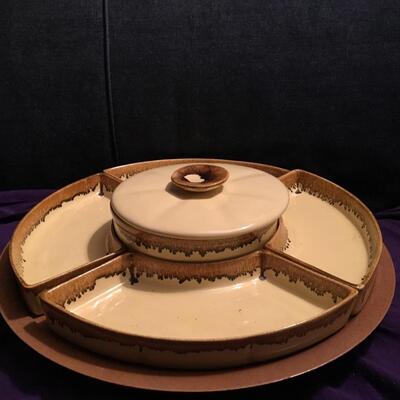 Mid Century Wood and Ceramic Lazy Susan Chip and Dip with 5 Container Sections