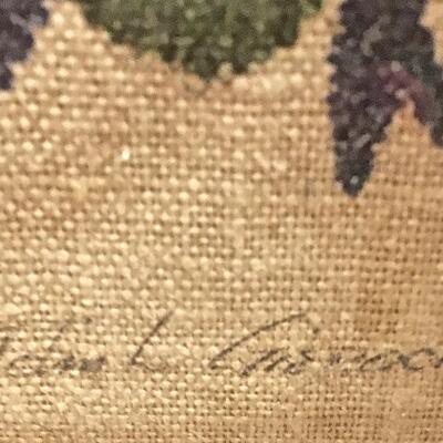 Vintage Print on Linen Framed Folk Flower Basket 1760 signed Gieroch 32x18"