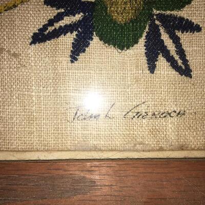 Vintage Print on Linen Framed Folk Flower Basket 1760 signed Gieroch 32x18"