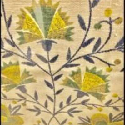 Vintage Print on Linen Framed Folk Flower Basket 1760 signed Gieroch 32x18"