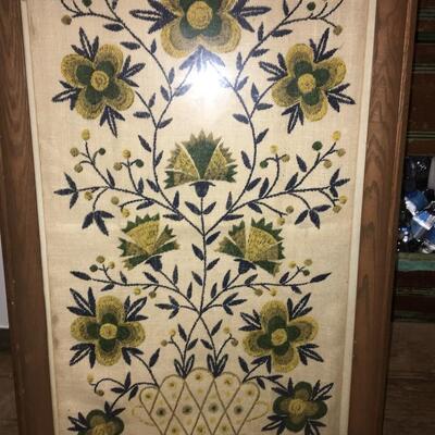 Vintage Print on Linen Framed Folk Flower Basket 1760 signed Gieroch 32x18"