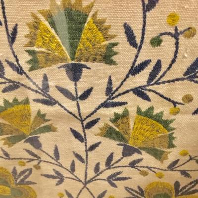 Vintage Print on Linen Framed Folk Flower Basket 1760 signed Gieroch 32x18"