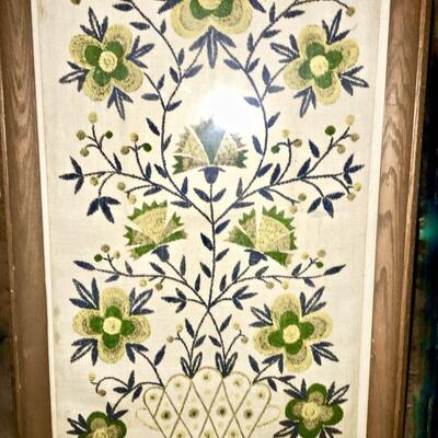 Vintage Print on Linen Framed Folk Flower Basket 1760 signed Gieroch 32x18"