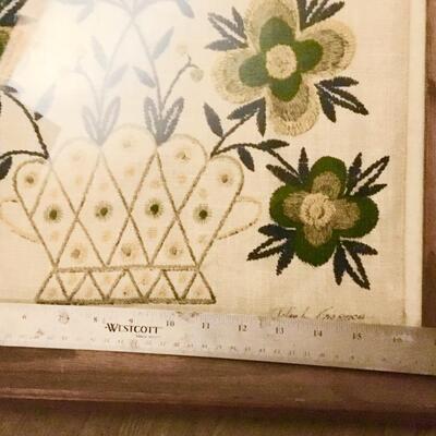 Vintage Print on Linen Framed Folk Flower Basket 1760 signed Gieroch 32x18"