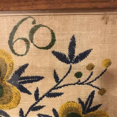 Vintage Print on Linen Framed Folk Flower Basket 1760 signed Gieroch 32x18"