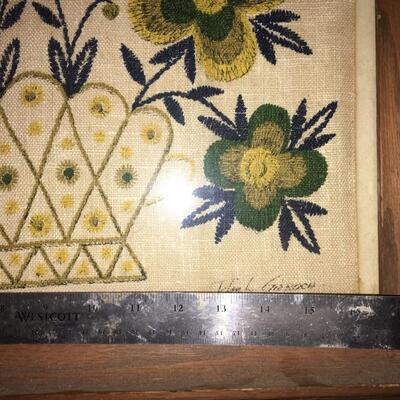 Vintage Print on Linen Framed Folk Flower Basket 1760 signed Gieroch 32x18"