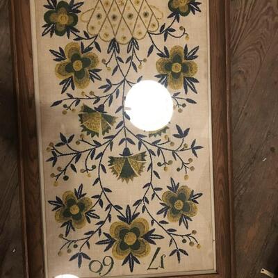 Vintage Print on Linen Framed Folk Flower Basket 1760 signed Gieroch 32x18"