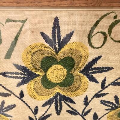 Vintage Print on Linen Framed Folk Flower Basket 1760 signed Gieroch 32x18"