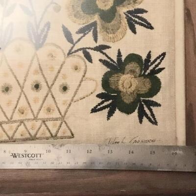 Vintage Print on Linen Framed Folk Flower Basket 1760 signed Gieroch 32x18"