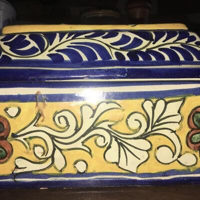 Vintage Painted Ceramic Coffer Trinket Box with Lid