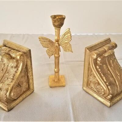 Lot #60  Stylish pair of Gilded Bookends with an India Stewart Dragonfly Candlestick