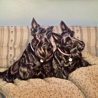 Lithograph Print from Portrait Painting of Two Black  Scottish Terriers Signed Croner'92 (A)
