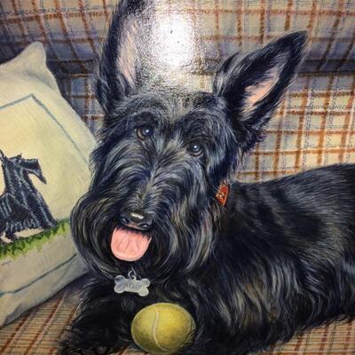 Lithograph Print from Portrait Painting of One Black Scottish Terrier Signed Croner'92 (B)