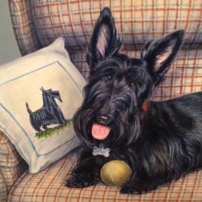 Lithograph Print from Portrait Painting of One Black Scottish Terrier Signed Croner'92 (B)