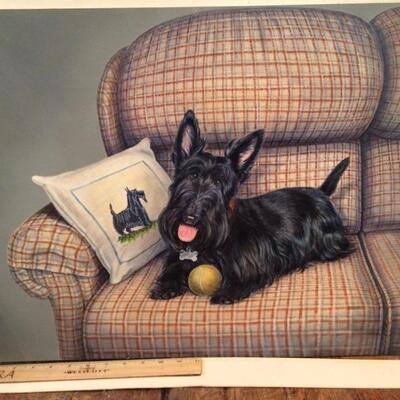 Lithograph Print from Portrait Painting of One Black Scottish Terrier Signed Croner'92 (B)