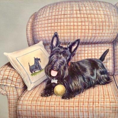 Lithograph Print from Portrait Painting of One Black Scottish Terrier Signed Croner'92 (B)