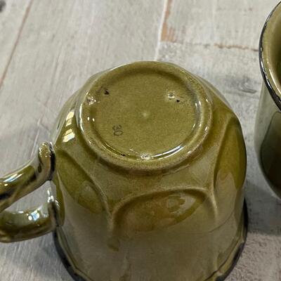 Vintage Avocado Olive Green & Black Stoneware Coffee Cup Mugs