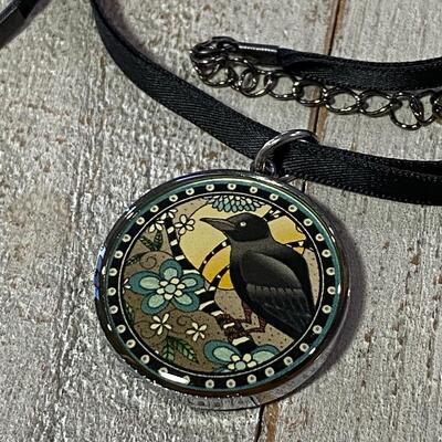 Raven Pendant Charm Ribbon Choker Necklace Edgar Allen Poe Quote