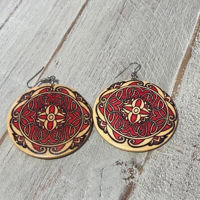 Pair of Lightweight Red & Black Painted Stained Wood Disc Earrings